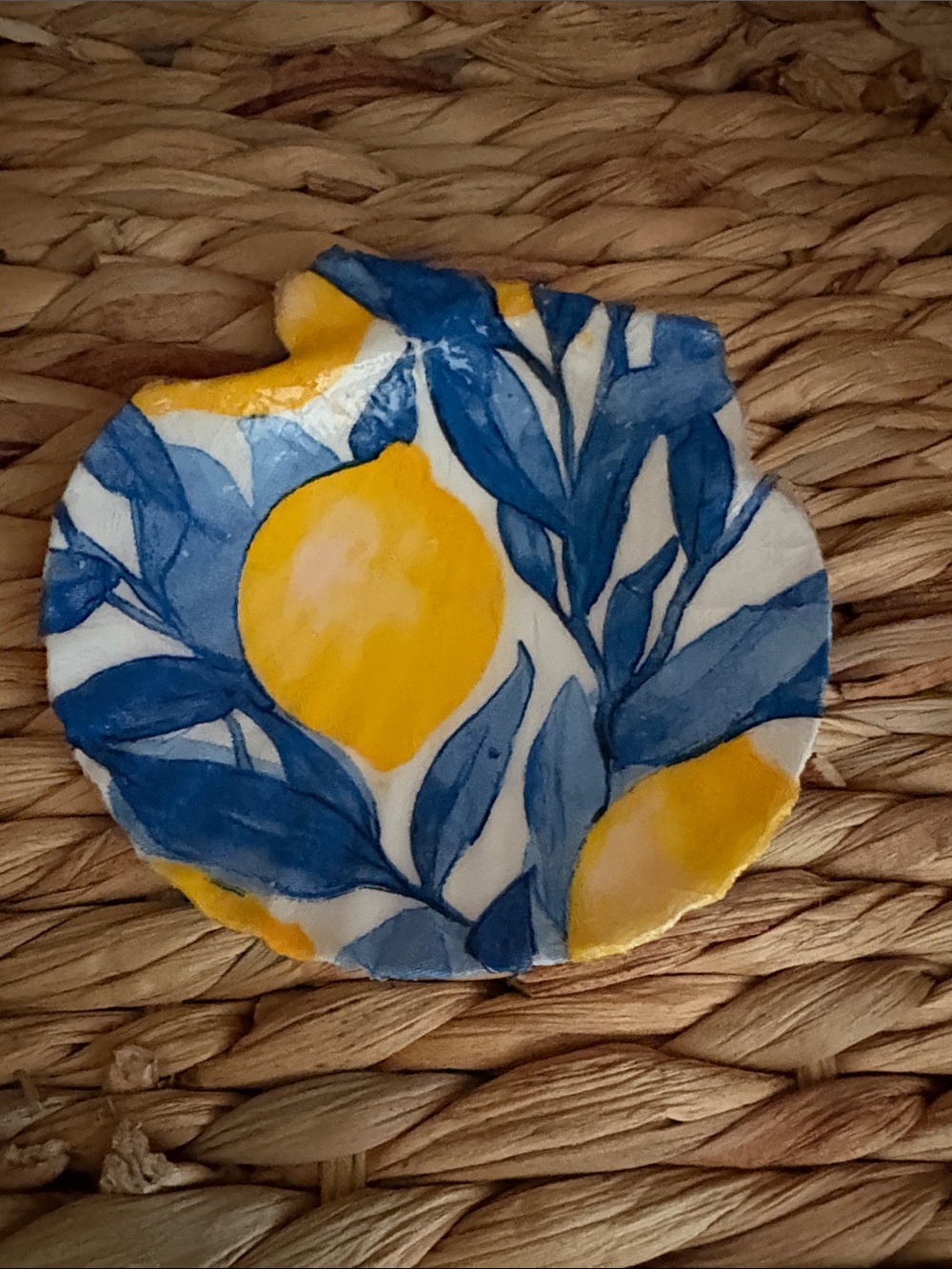 Hand Crafted Lemon & Blue Botanical Shell Accent Dish